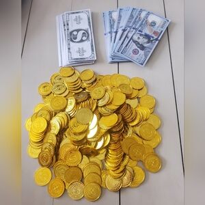 Fake Play Currency Bundle - Gold Plastic Coins & Paper Bills ($100 & $1,000)